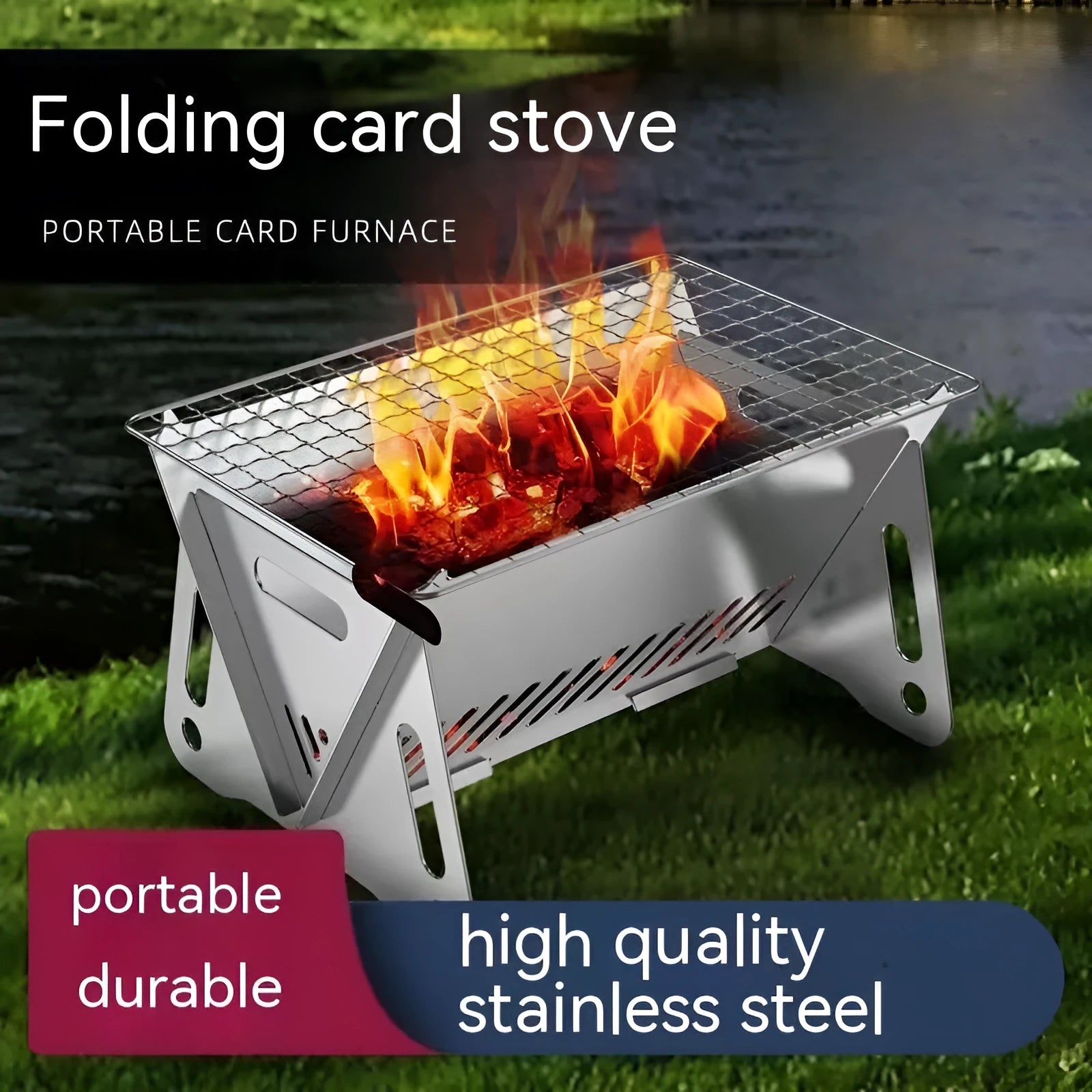 Folding stainless steel outdoor barbecue grill oven with large cooking rack, shown with storage bag.