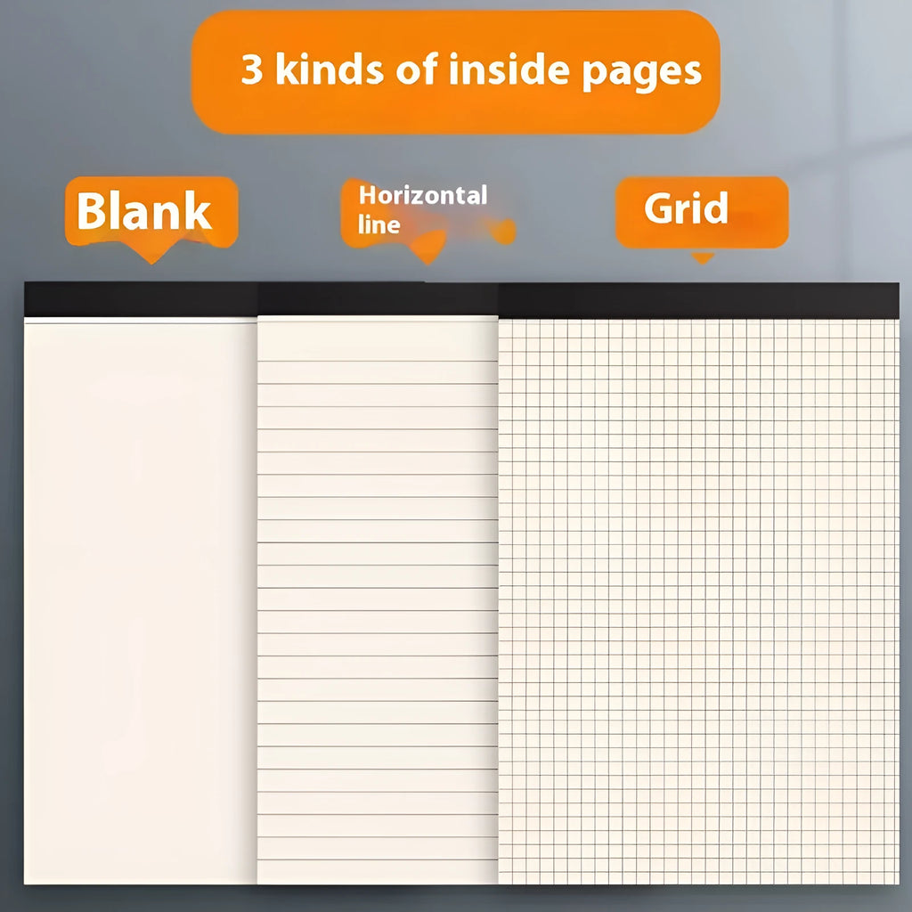 Set of A4, A5, and B5 writing pads showing blank, grid, and lined page options.