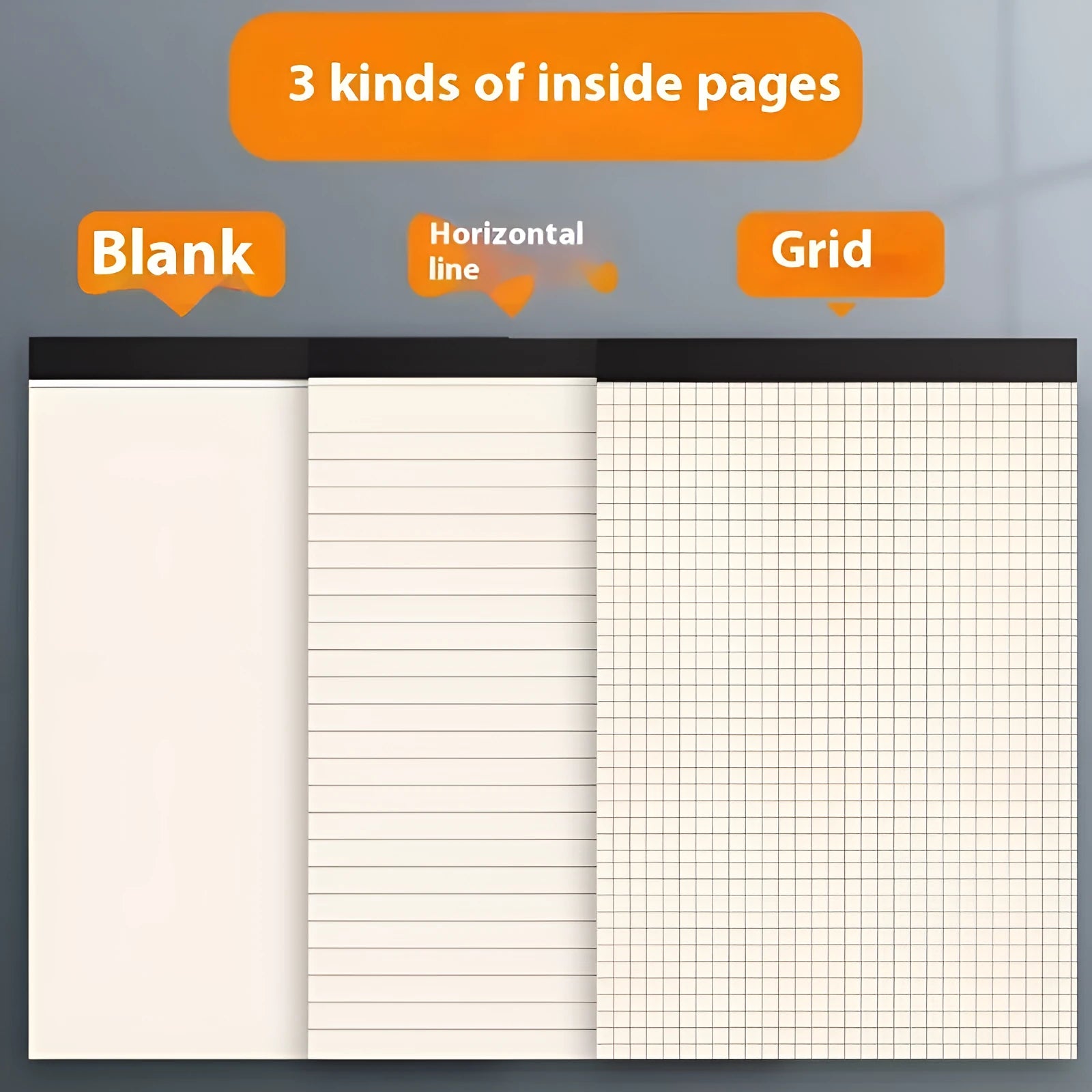 Set of A4, A5, and B5 writing pads showing blank, grid, and lined page options.