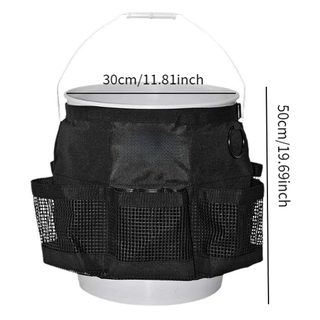 Black cylindrical polyester hanging storage bag designed for a 5-gallon bucket.