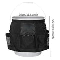 Black cylindrical polyester hanging storage bag designed for a 5-gallon bucket.