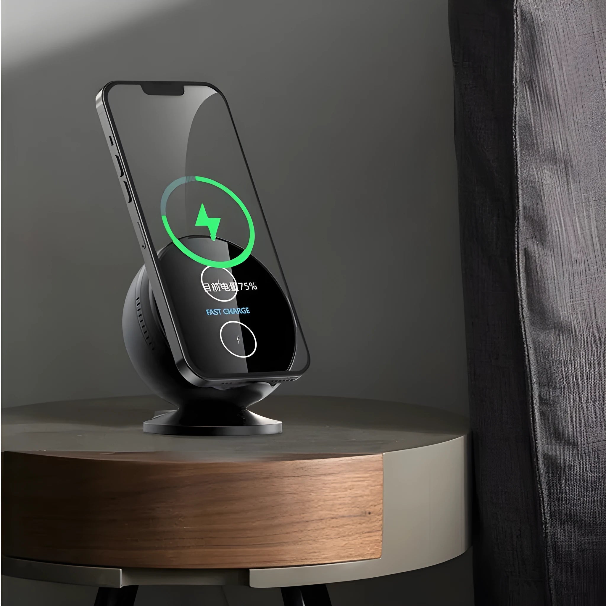 Black multifunctional Bluetooth speaker with integrated wireless phone charging pad on top.