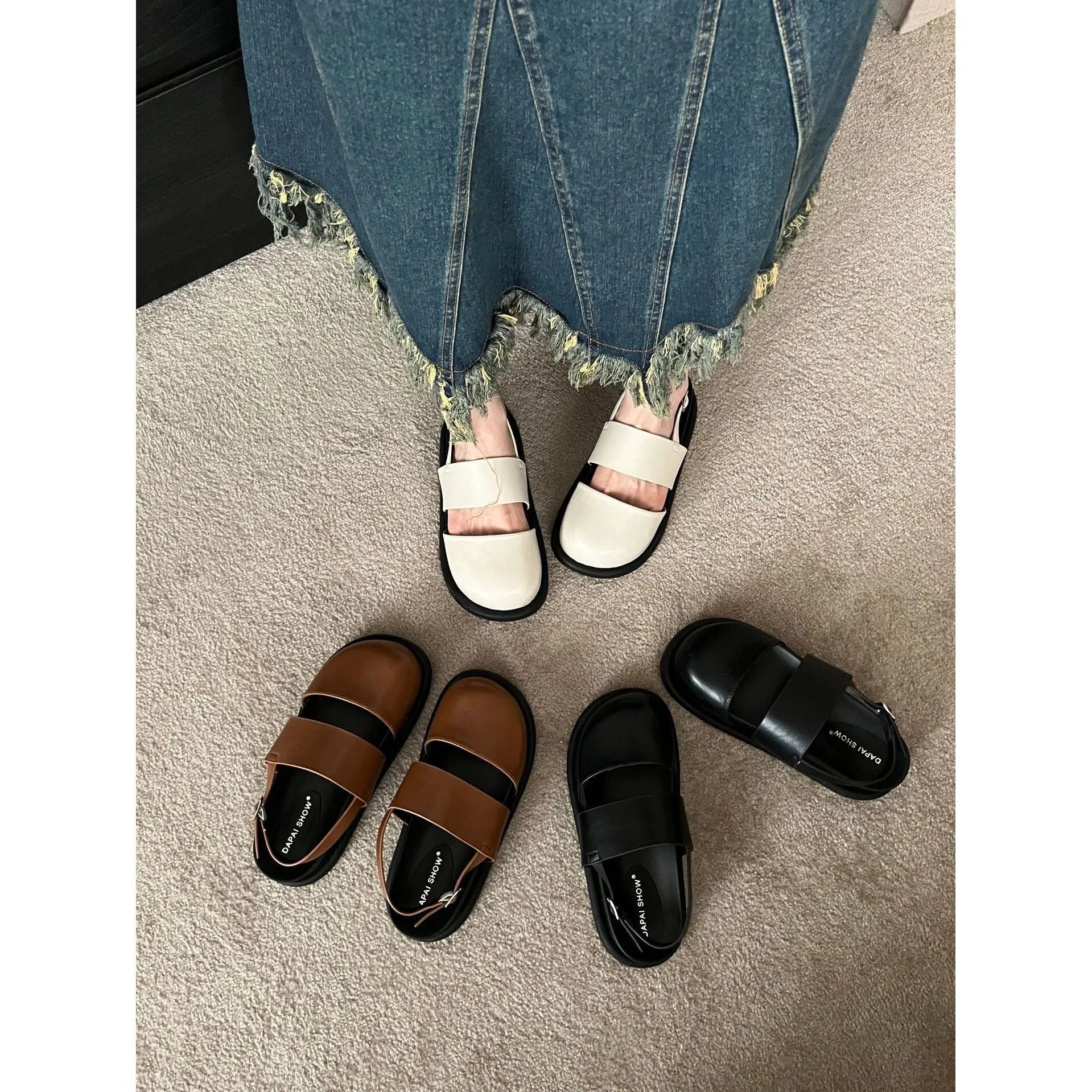 Women's retro Korean style sandals with an adjustable ankle buckle strap in black, brown, or apricot.