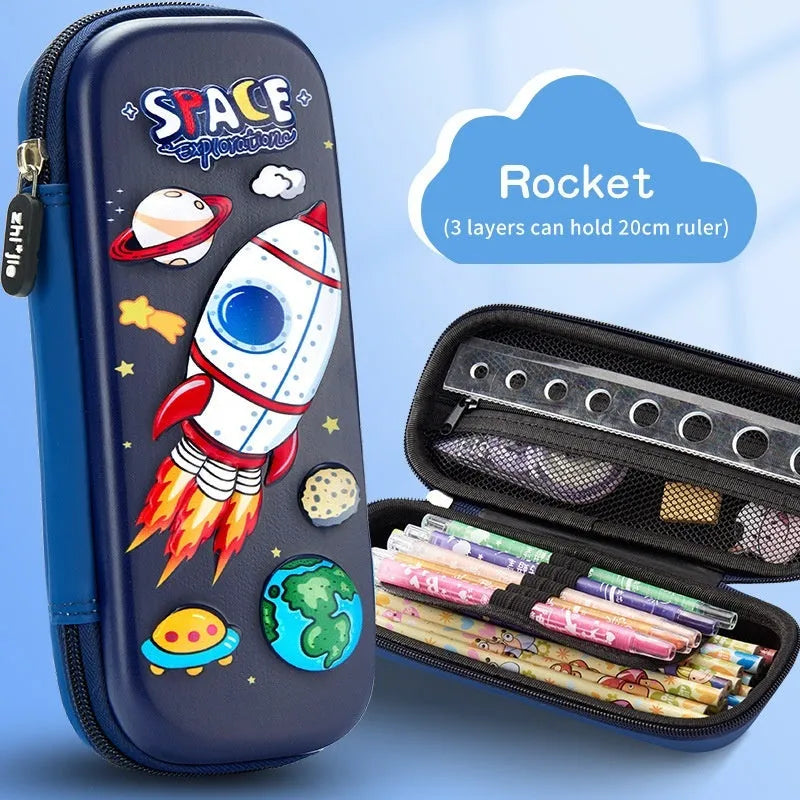 3D leather pencil case with embossed spaceship design organising pens and pencils