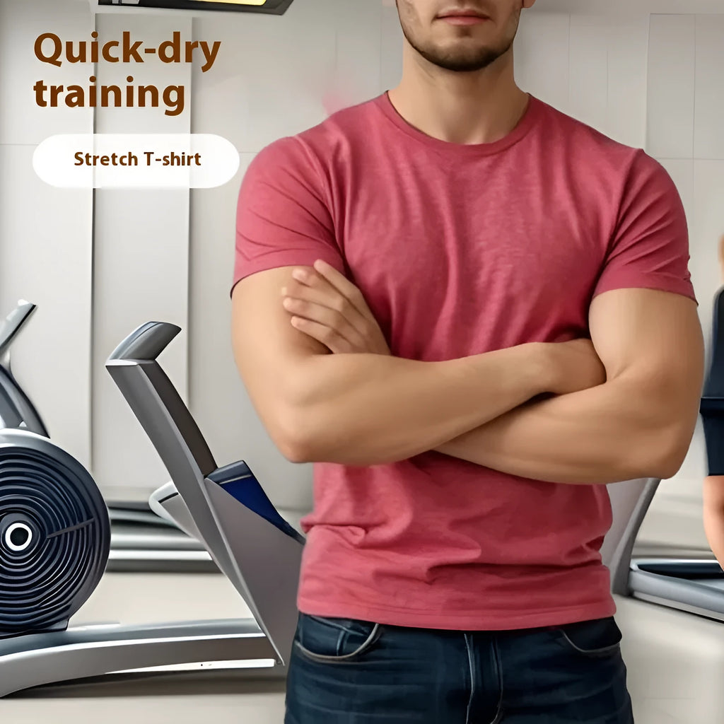 Men's grey quick-dry polyester short sleeve running t-shirt on a hanger.