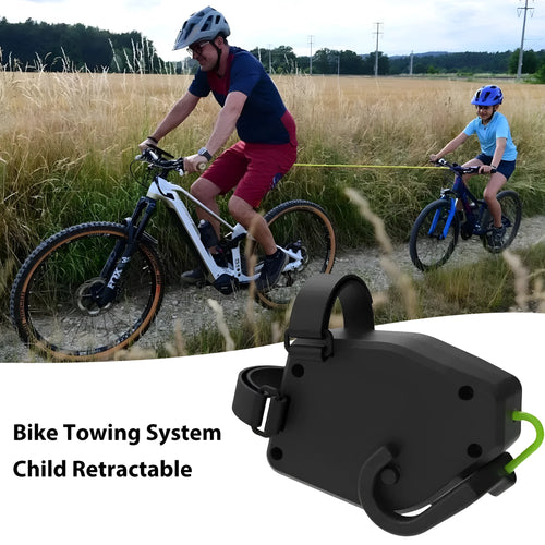 Black plastic bicycle trailer rope connecting adult bike to child trailer for family cycling