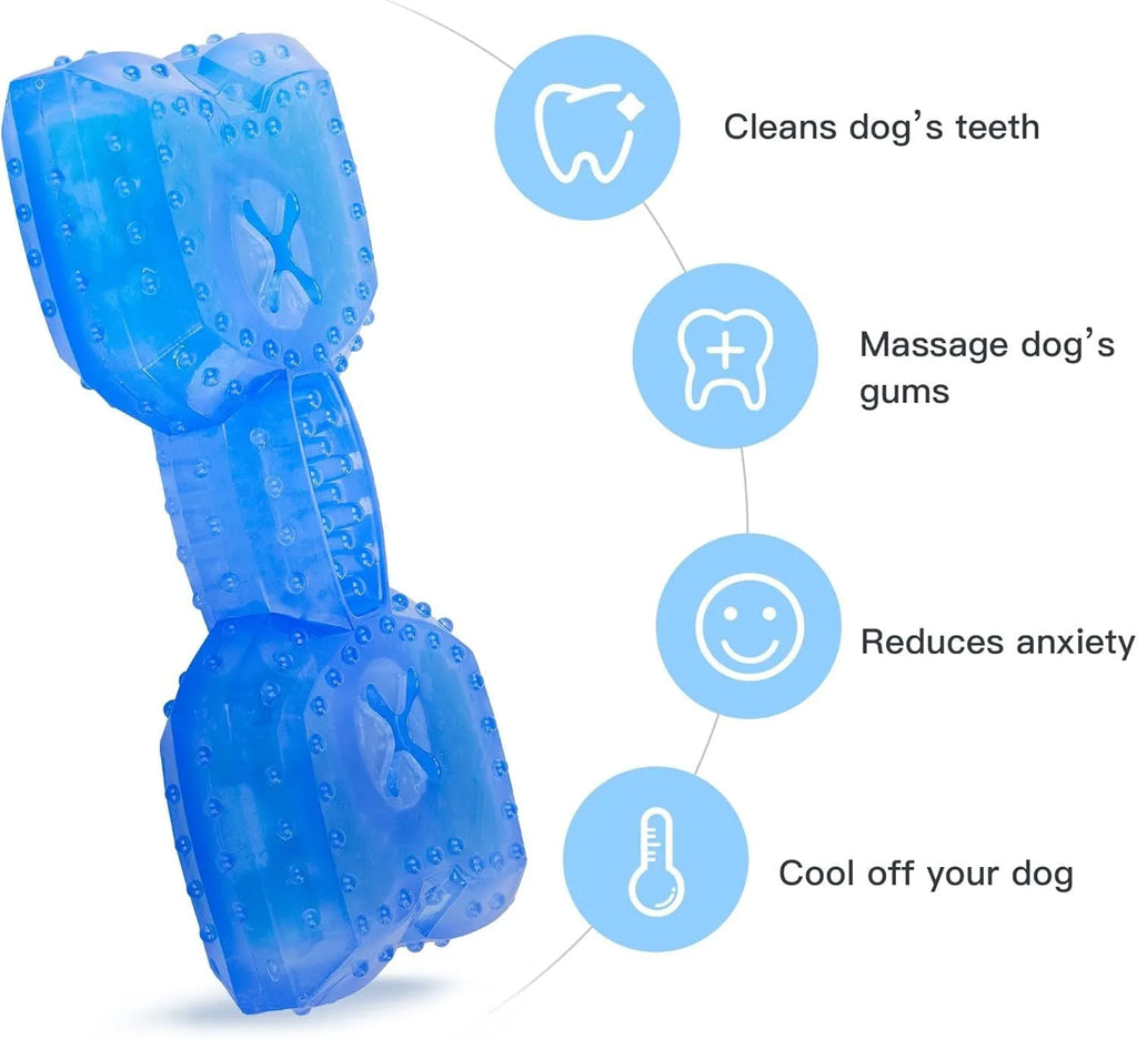 A non-toxic freezable dog chew toy for teething puppies and dogs, shown with a thickened outer design.