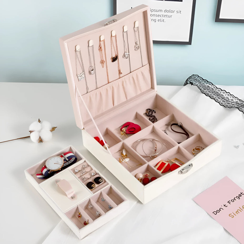 Large red or white PU jewelry storage box for necklaces and rings