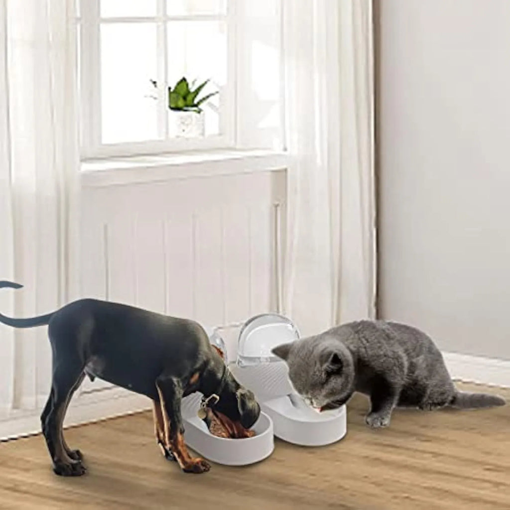 White automatic cat feeder and water dispenser set with wave-pattern design.