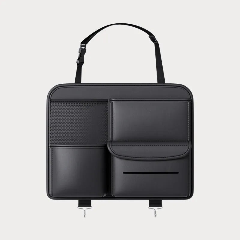 Black genuine leather car seat back hanging storage bag with a carry handle.