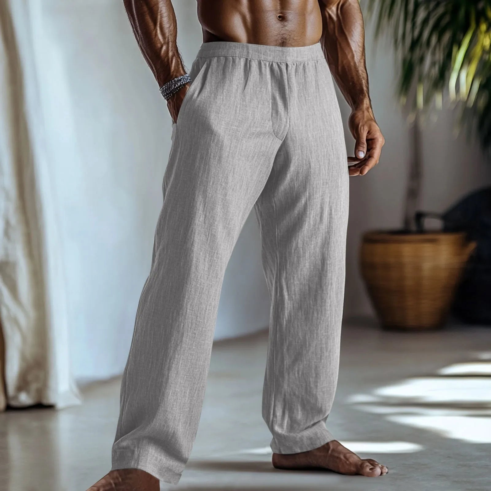 Cotton and linen straight leg casual trousers in British style with pocket details