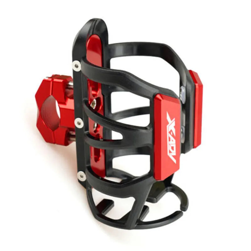 Modified black water bottle cage for Honda X-ADV scooter on handlebars.