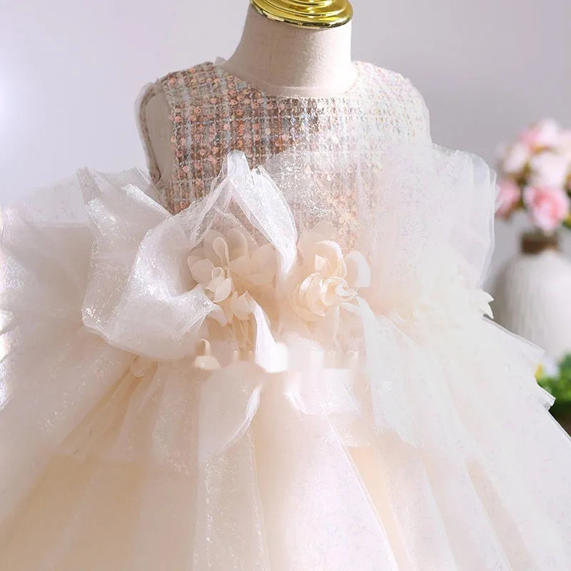 Girls birthday princess dress in linen fabric, cute style, picture colour, for heights 80cm to 160cm
