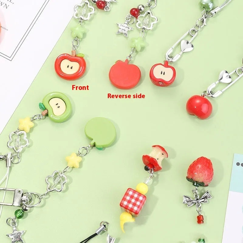 Plastic resin phone charm keychain with semi-handmade apple and strawberry fruit designs