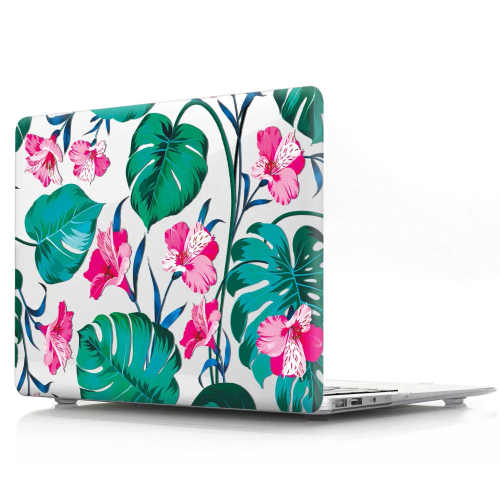 MacBook protective shell with floral pattern design covering laptop top and bottom surfaces