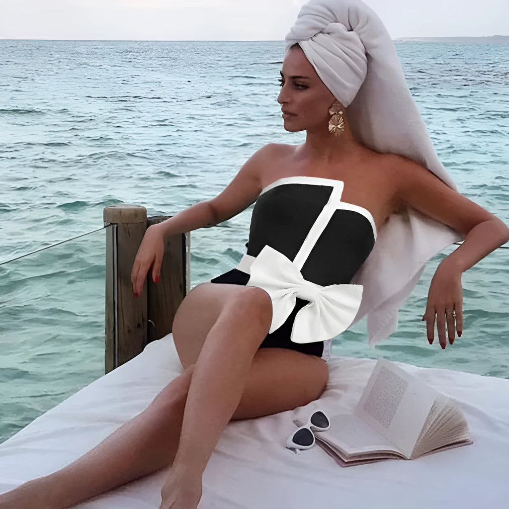 Women's black and white colour-block one-piece swimsuit with bow detail tube top