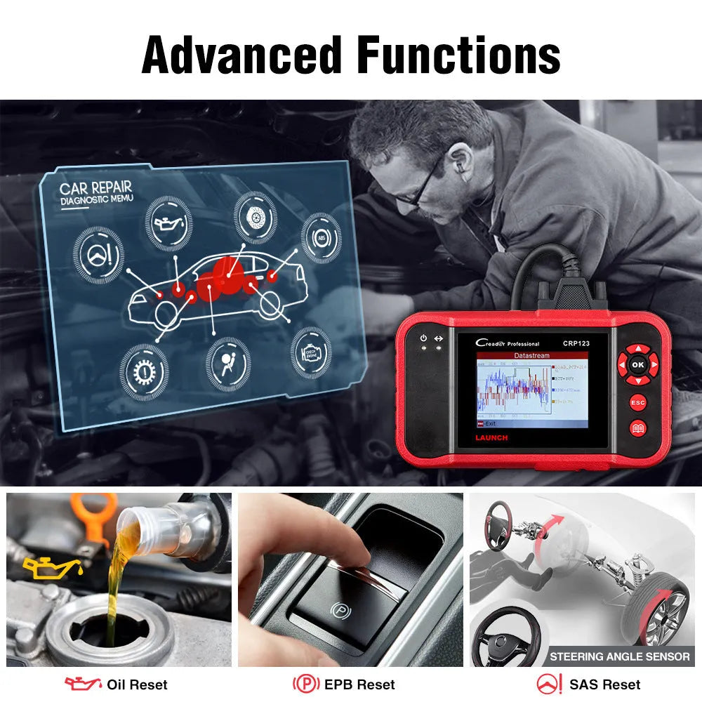 CRP123 handheld automotive diagnostic scanner with cables and accessories for vehicle fault code reading