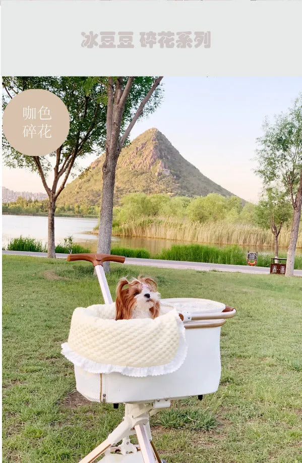 Pet stroller three-piece accessory set showing anti-dirty towel, cushion, and pillow in cotton cloth with floral pattern