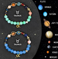 Set of two natural stone beaded bracelets with detailed zodiac sign charms on elastic string.