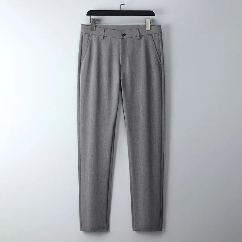 Men's spinning summer business casual trousers in solid colour black, polyester fabric, micro elastic waist, sizes 29-40