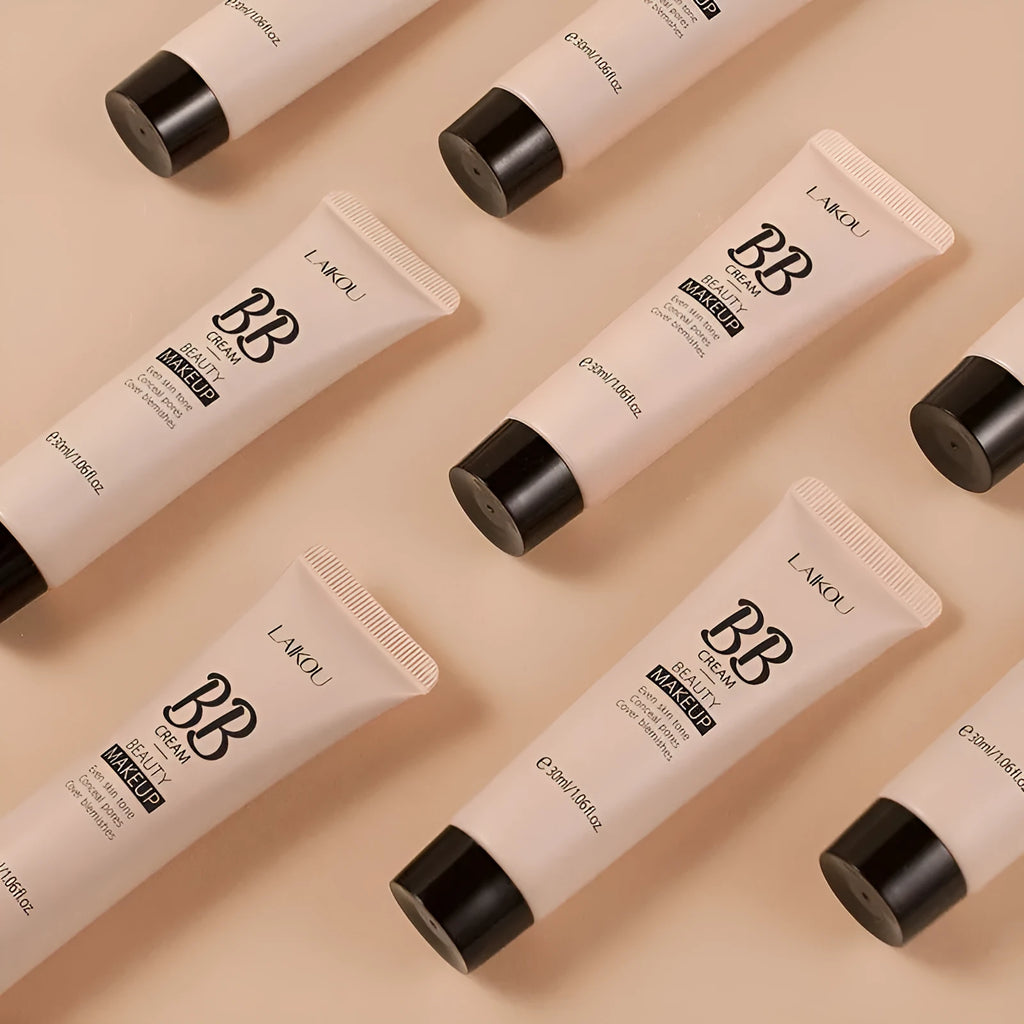 30ml BB cream tube in natural finish showing nine shade options from ivory white to brown