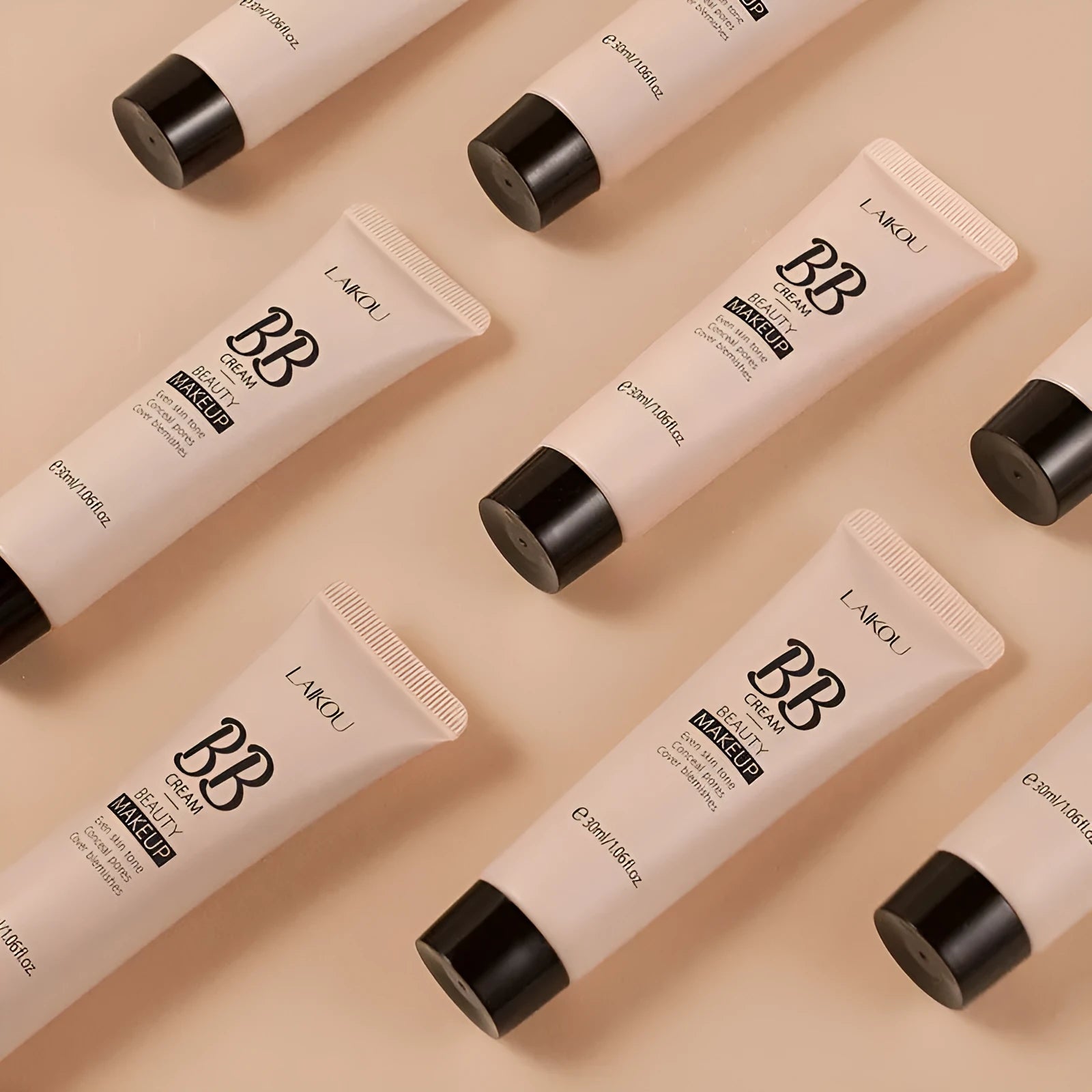30ml BB cream tube in natural finish showing nine shade options from ivory white to brown