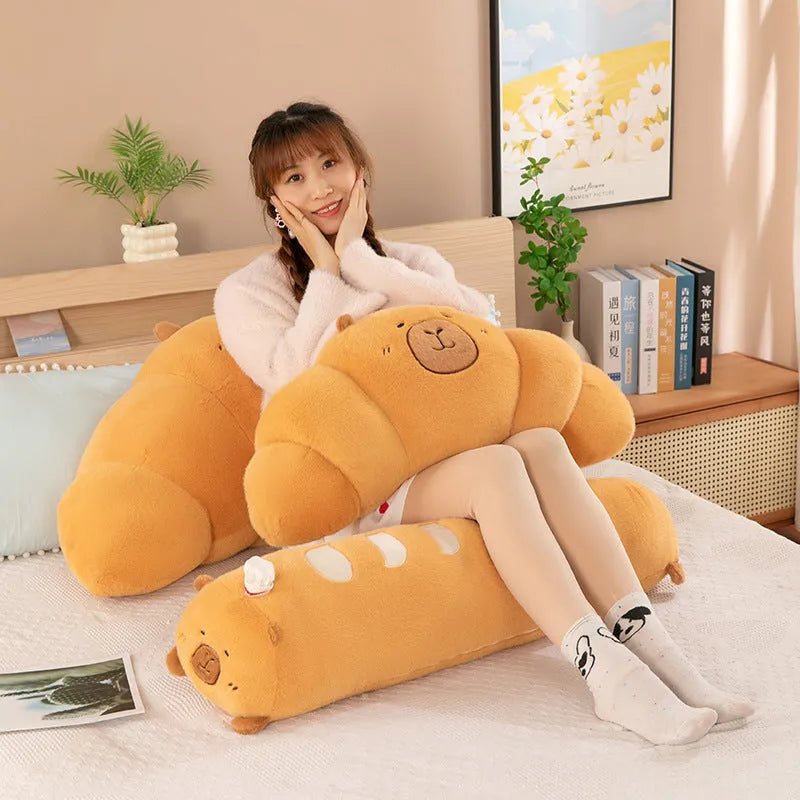 Capybara croissant French stick plush toy in mink velvet, available in sizes from 50cm to 100cm