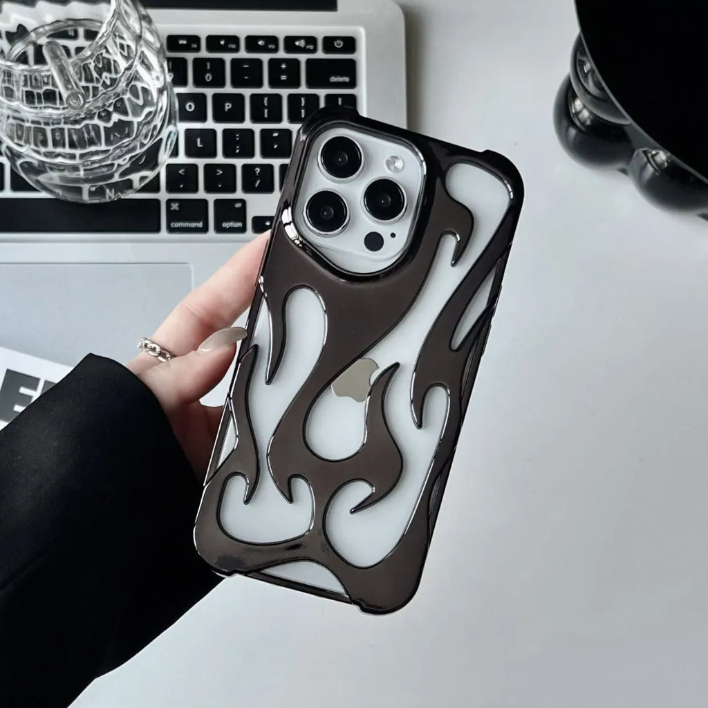 Electroplated hollow flame pattern phone case for iPhone, showing silver finish and perforated design for heat dissipation.