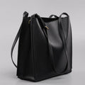 Genuine leather large capacity bucket shape women's handbag in brown with double shoulder straps and slit pocket