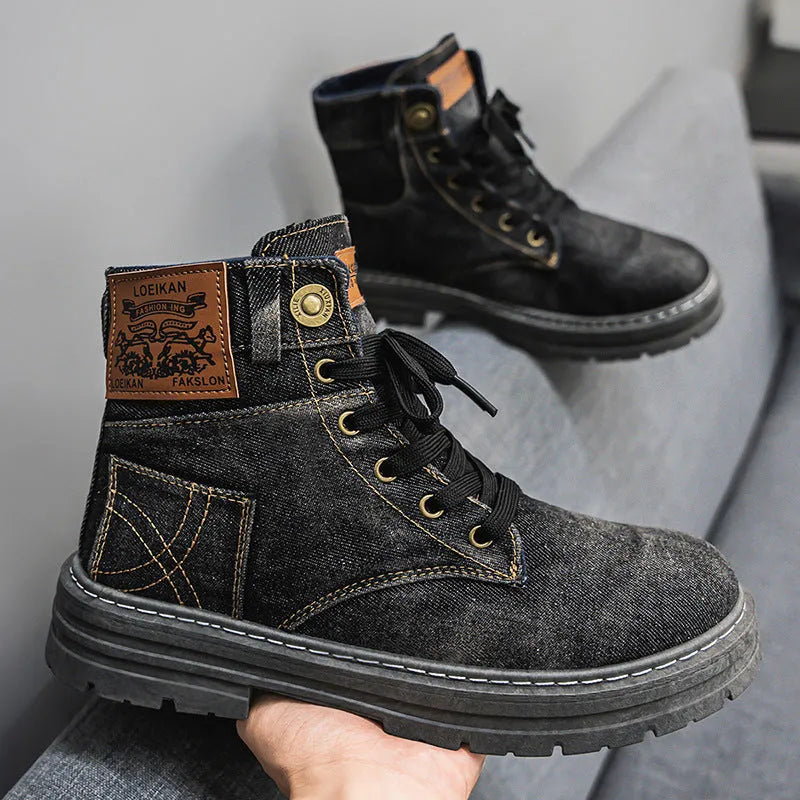 Plus size men's mid-top canvas Martin boots in black with round toe and PVC sole