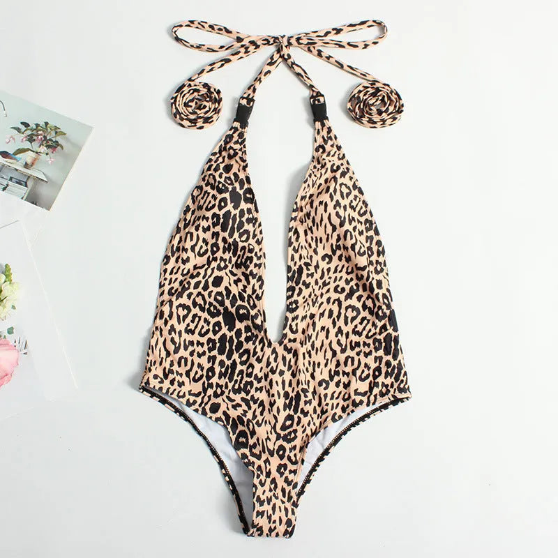 Women's leopard print bandage one-piece swimsuit with buckle detail and backless design