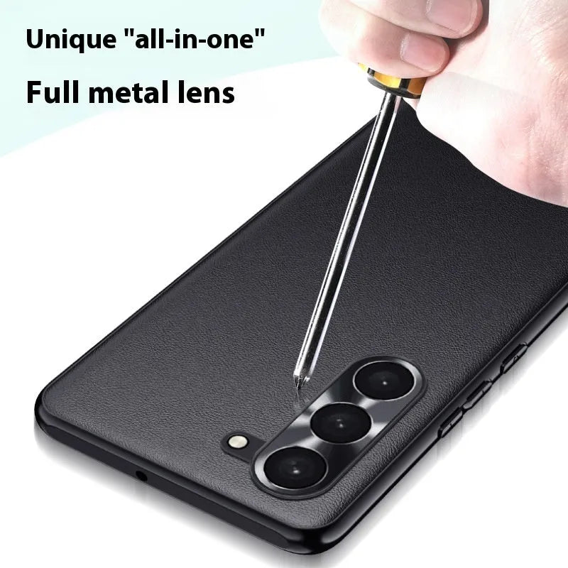 Leather pattern Samsung phone case with metal lens ring in Athens Black, shockproof back cover