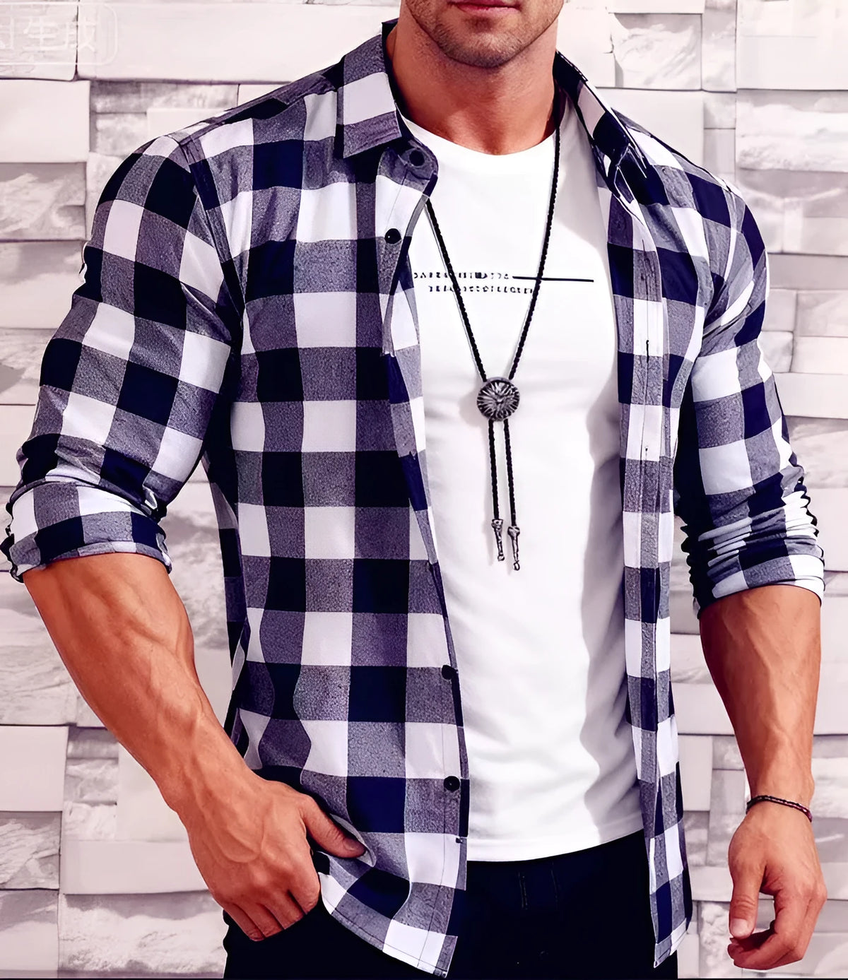 Men's blue checked long-sleeved casual shirt with fitted cut, shown as a layering top for daily and streetwear outfits.