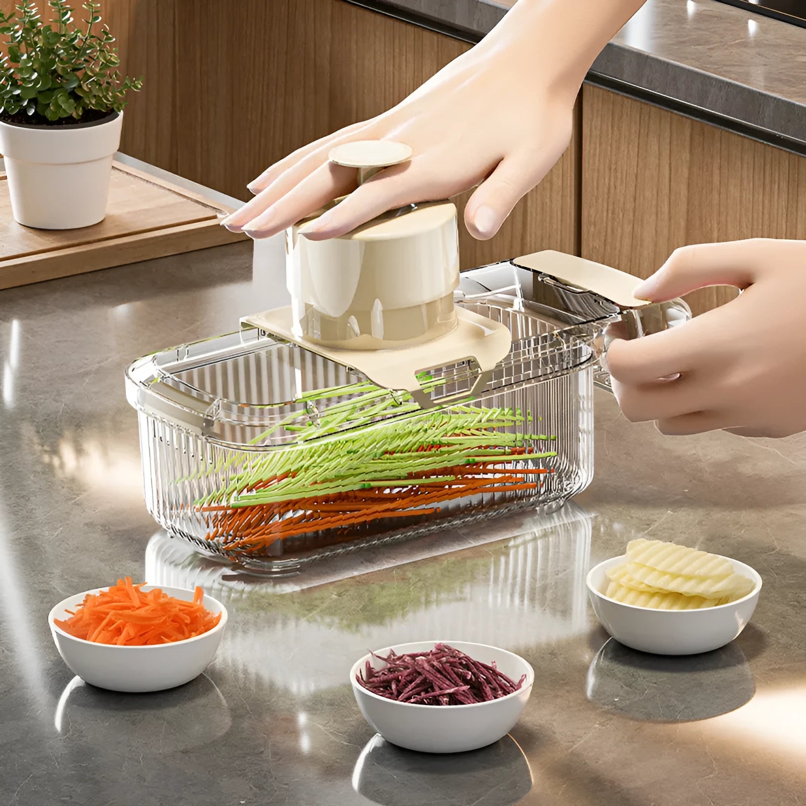 Transparent 2in1 multifunctional vegetable cutter with five blades and draining basket on countertop