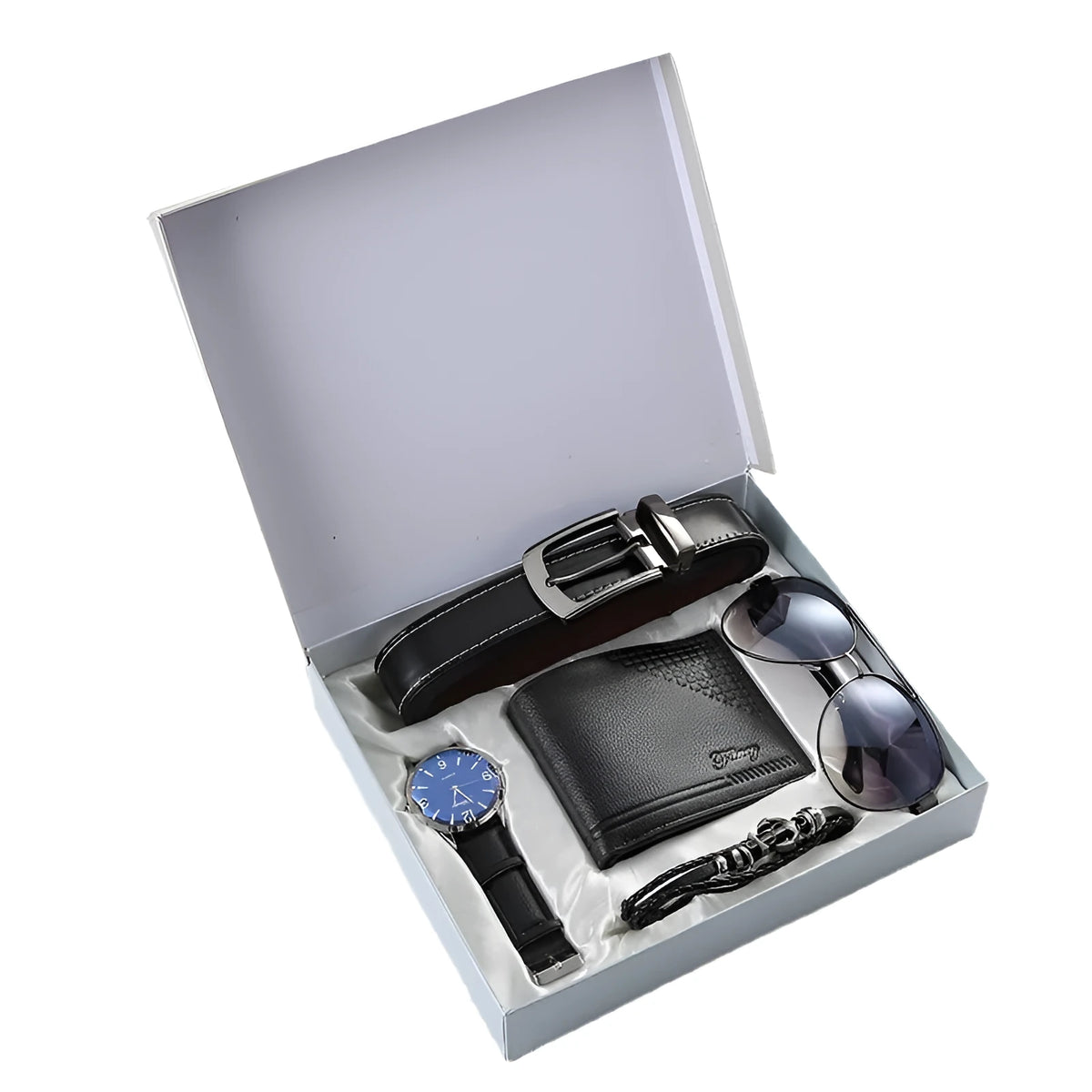 Five-piece business gift set with watch, belt, sunglasses, bracelet and wallet in PU and alloy