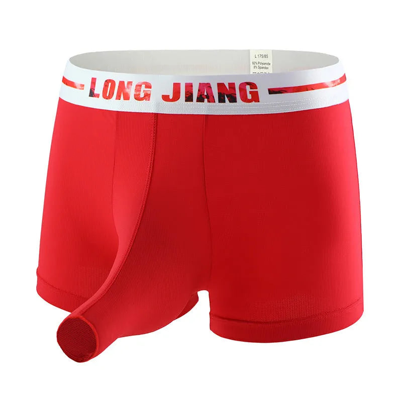 Men's solid colour ice silk trunk boxer shorts on a mid waist, shown in multiple colour options.