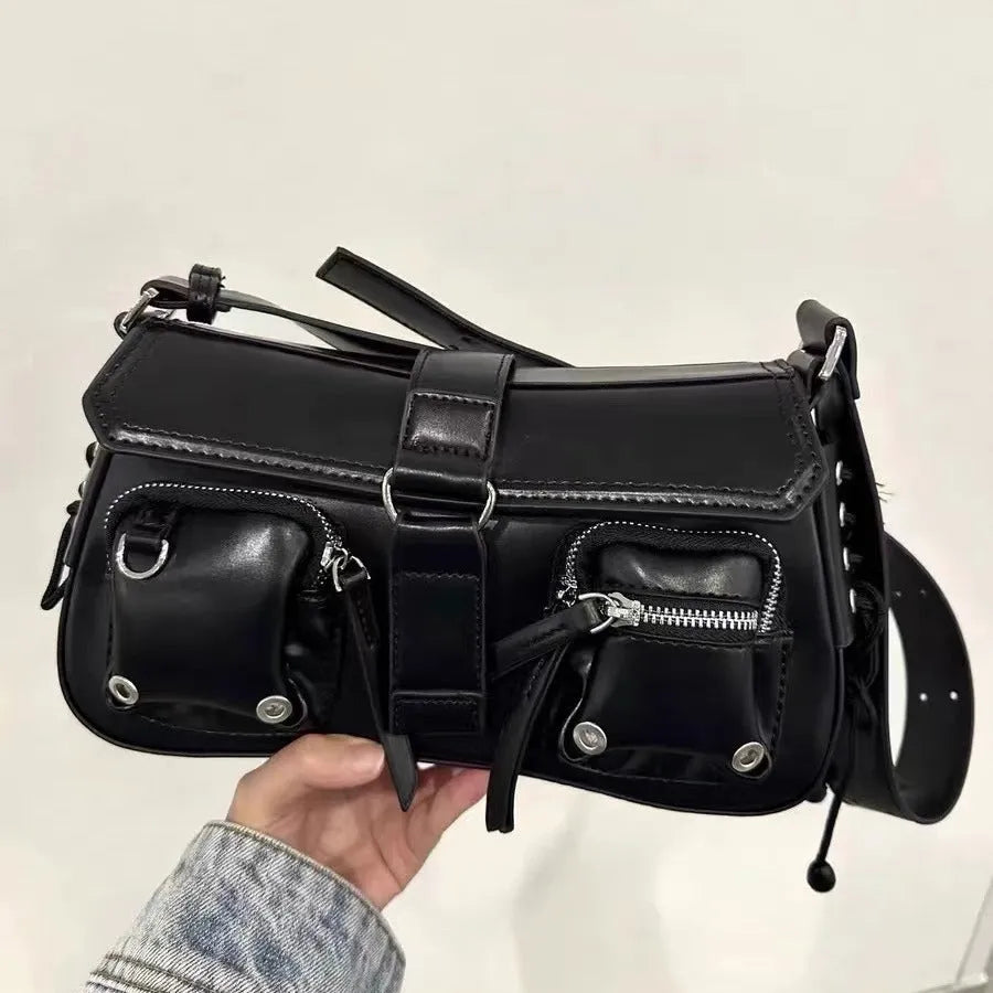Black PU leather women's baguette messenger bag with adjustable strap