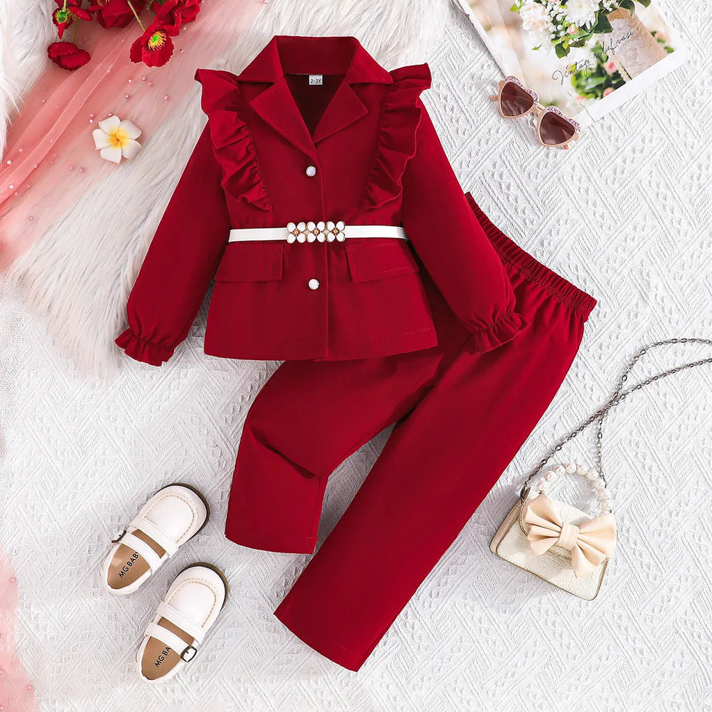 Girls' three-piece outfit with long-sleeved white belt top, ruffled blazer and full-length trousers in two colours