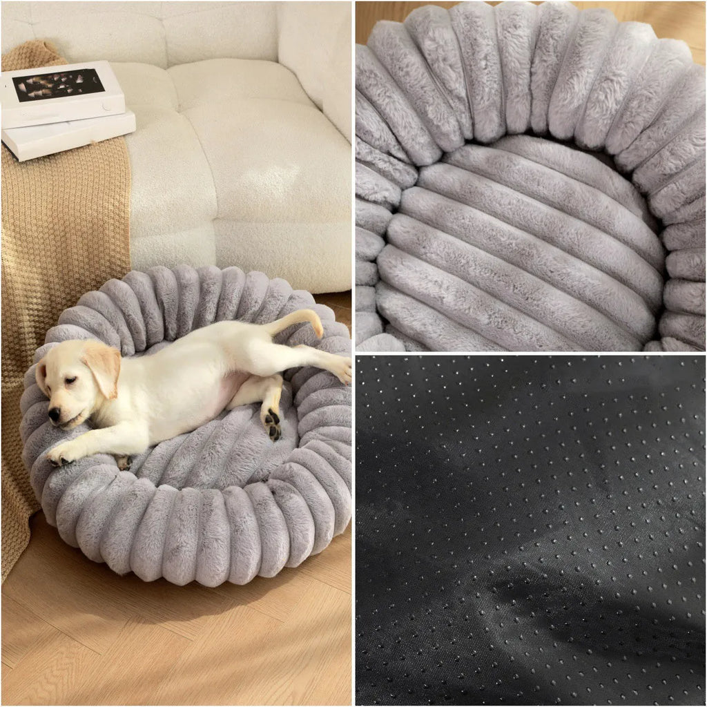 Round plush pet bed in beige with raised rim, size L 60cm, on a wooden floor