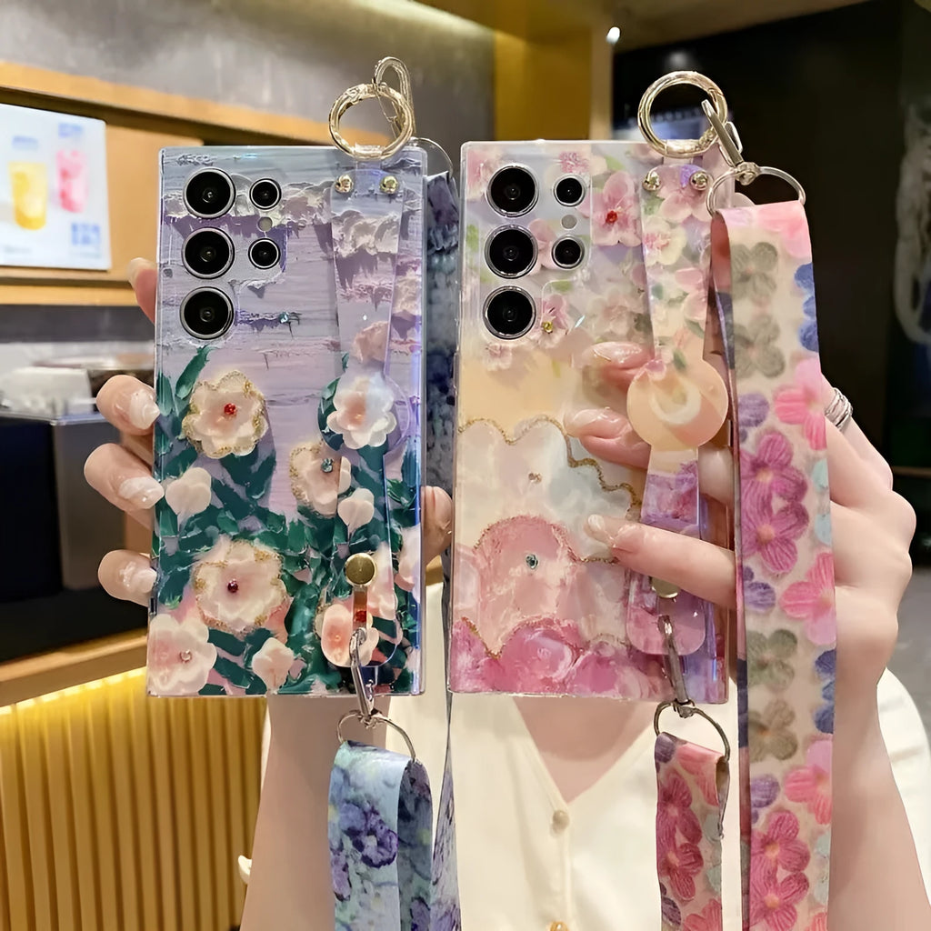 Oil painting flower phone case with rhinestone wristband lanyard for Samsung, blue purple flower design