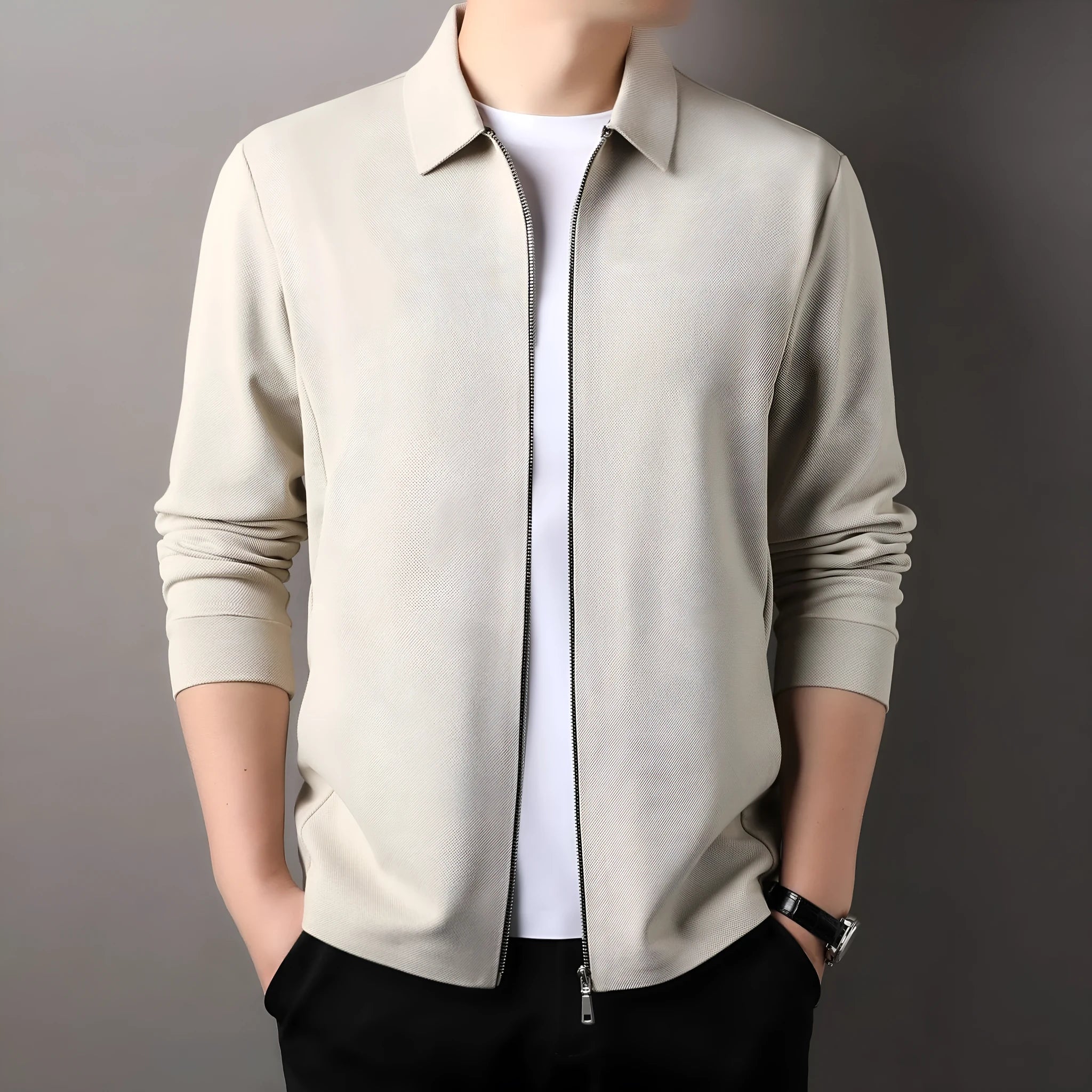 Men's polyester casual business jacket in apricot colour with straight hem and long sleeves.