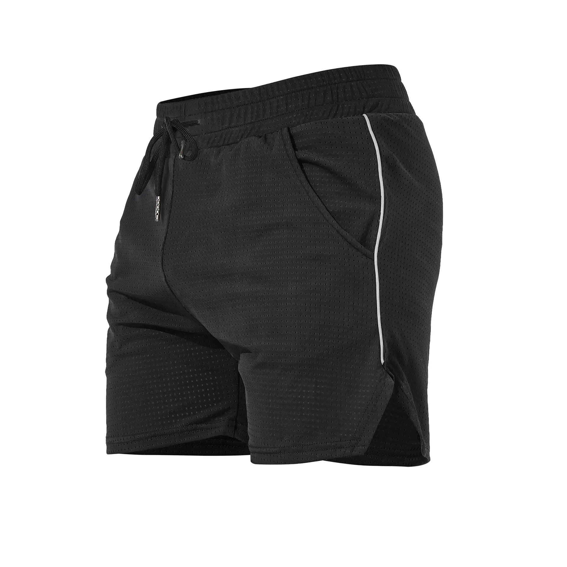 Men's polyester fitness shorts in straight-leg style, showing available colours and shorter athletic length