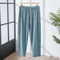 Men's thin grey ice silk casual trousers with a loose straight-leg fit and ankle-tied detail.