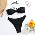 Black women's bikini set with lace-up front tube top and matching briefs.