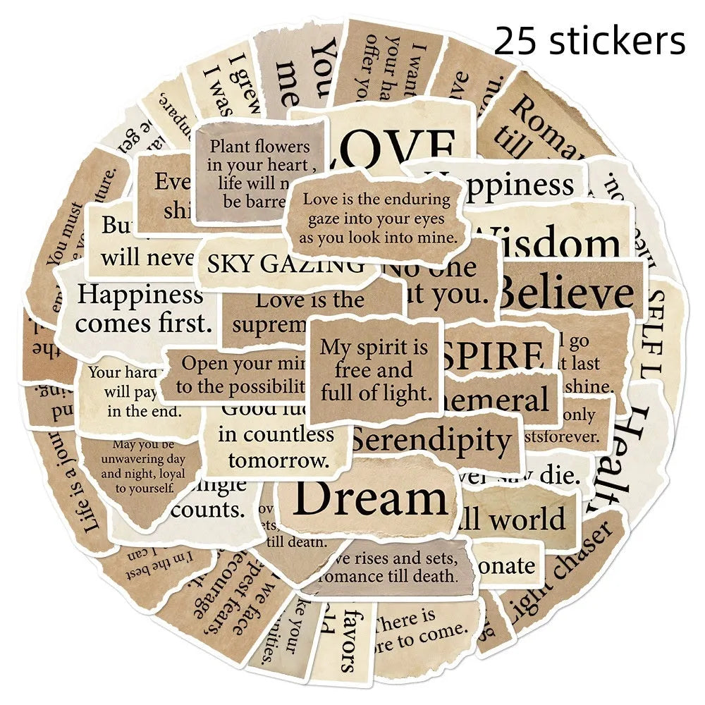 Set of 25 torn English design decorative stickers for laptops and notebooks.