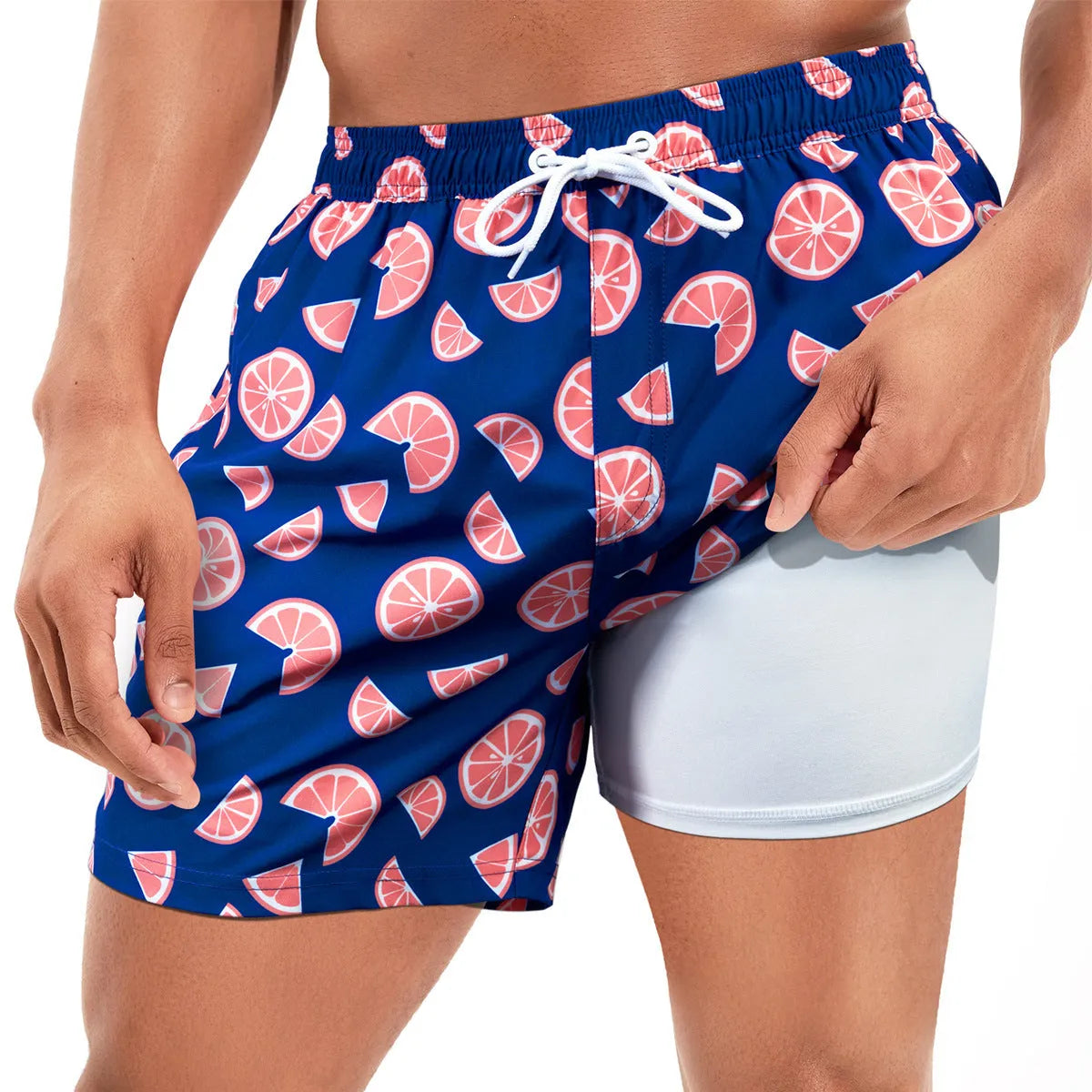 Men's loose boxer cut swimming trunks in quick-drying spandex fabric with micro-elastic properties