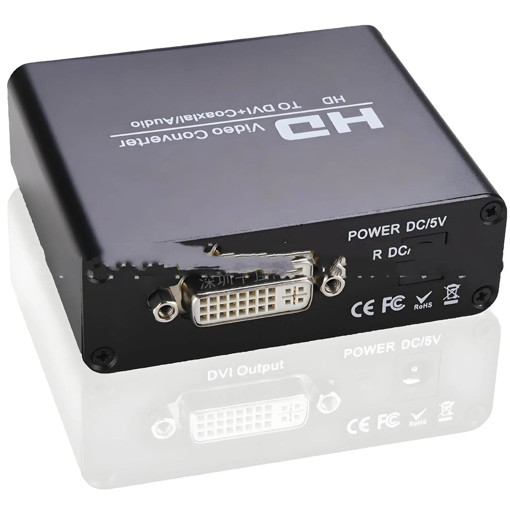 Black HDMI to DVI converter unit with a 1.5m cable and coaxial audio output port.