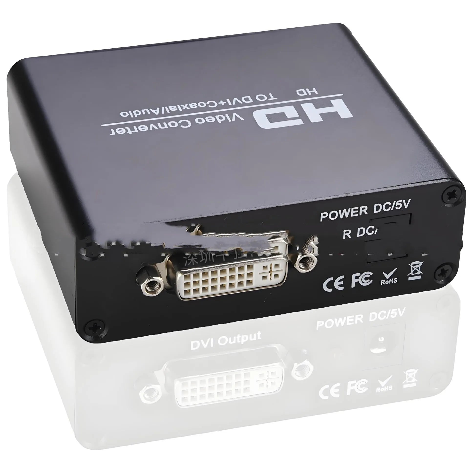 Black HDMI to DVI converter unit with a 1.5m cable and coaxial audio output port.