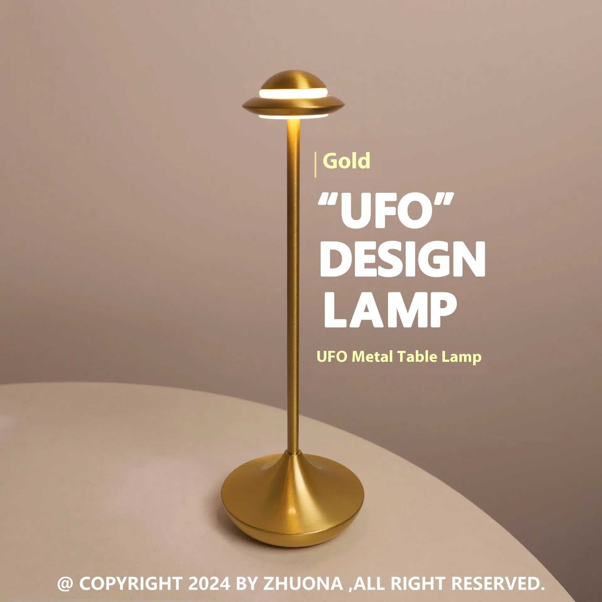 Modern UFO-shaped metal table lamp with touch controls in black, gold, or grey colour options
