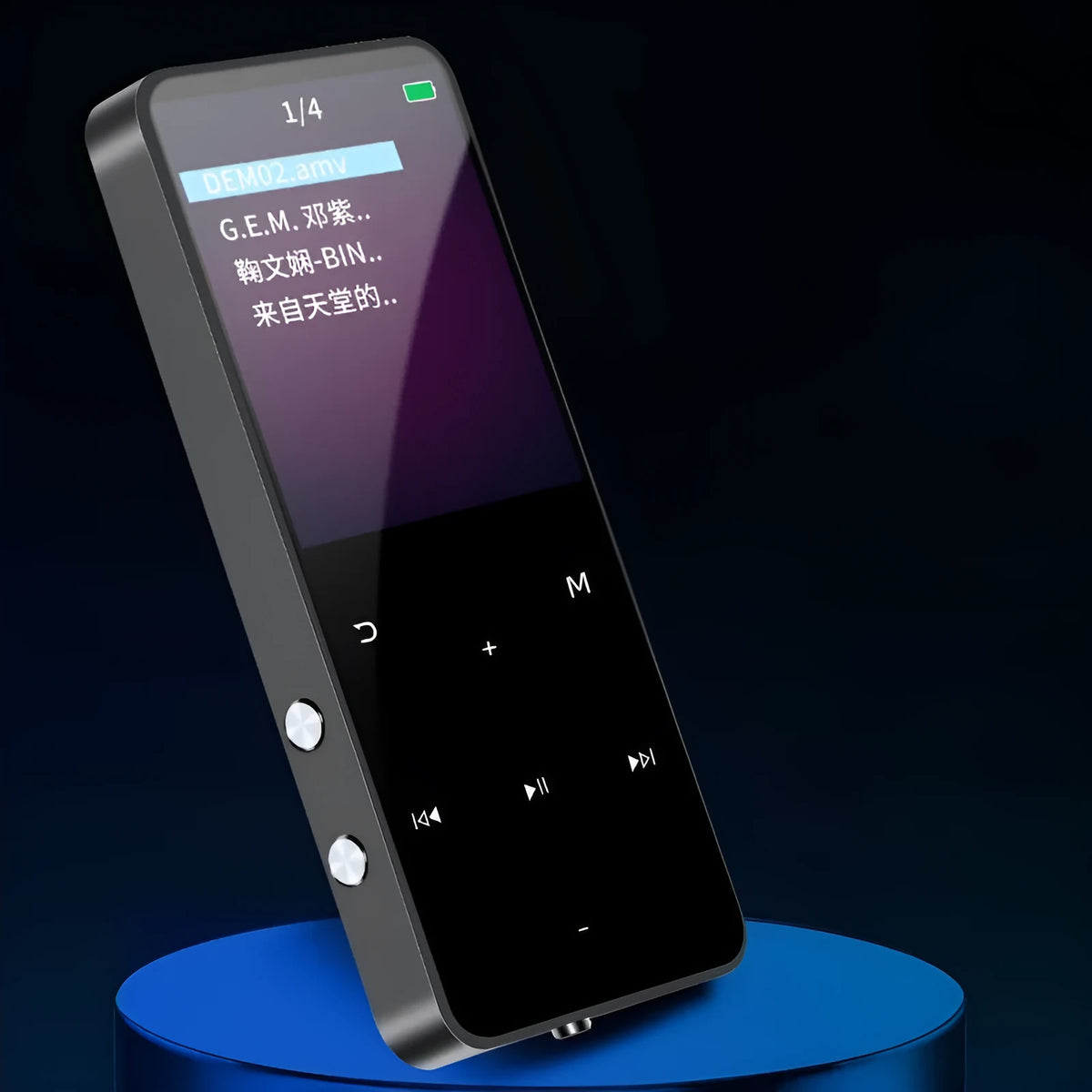 Black metal shell Bluetooth MP3 player with 1.8 inch screen, touch buttons, talking dictionary, and USB 2.0